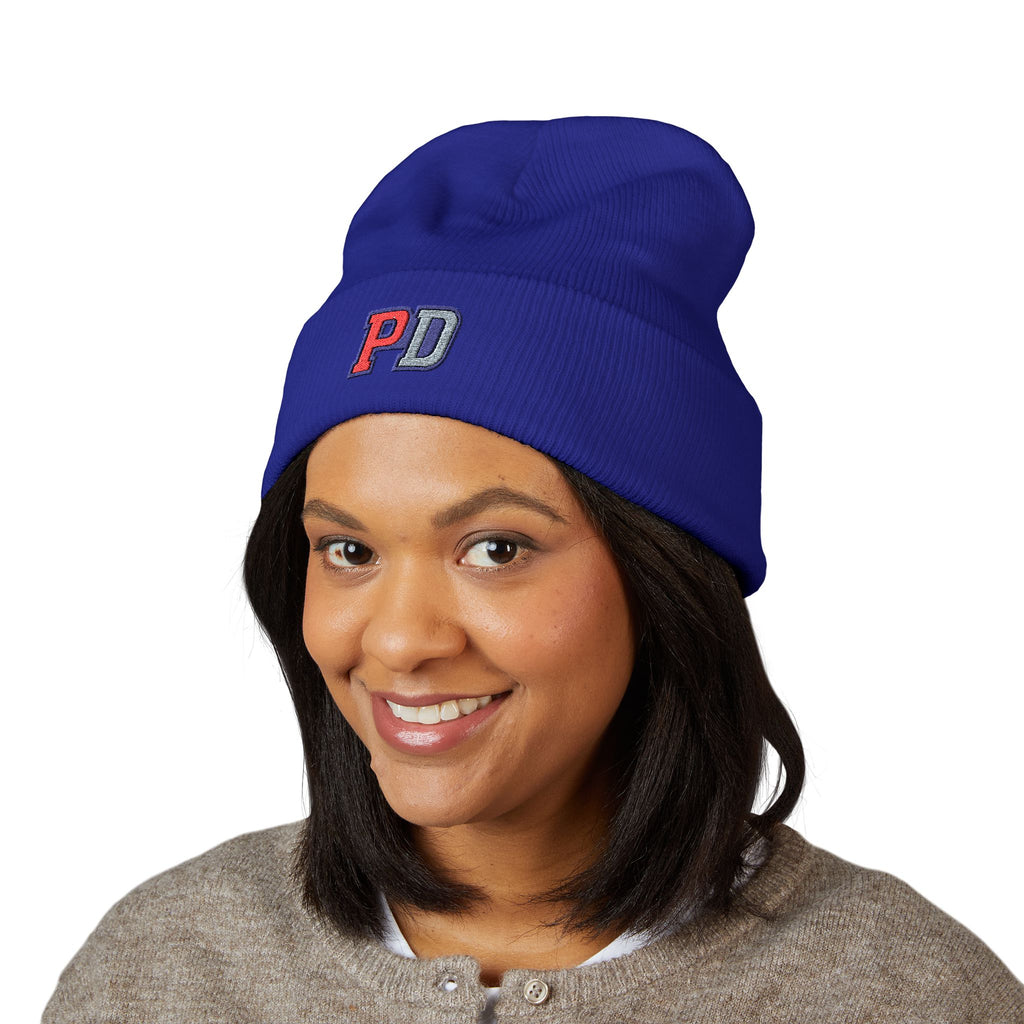 PD Embroidered Cuffed Beanie — Classic Knit Winter Hat