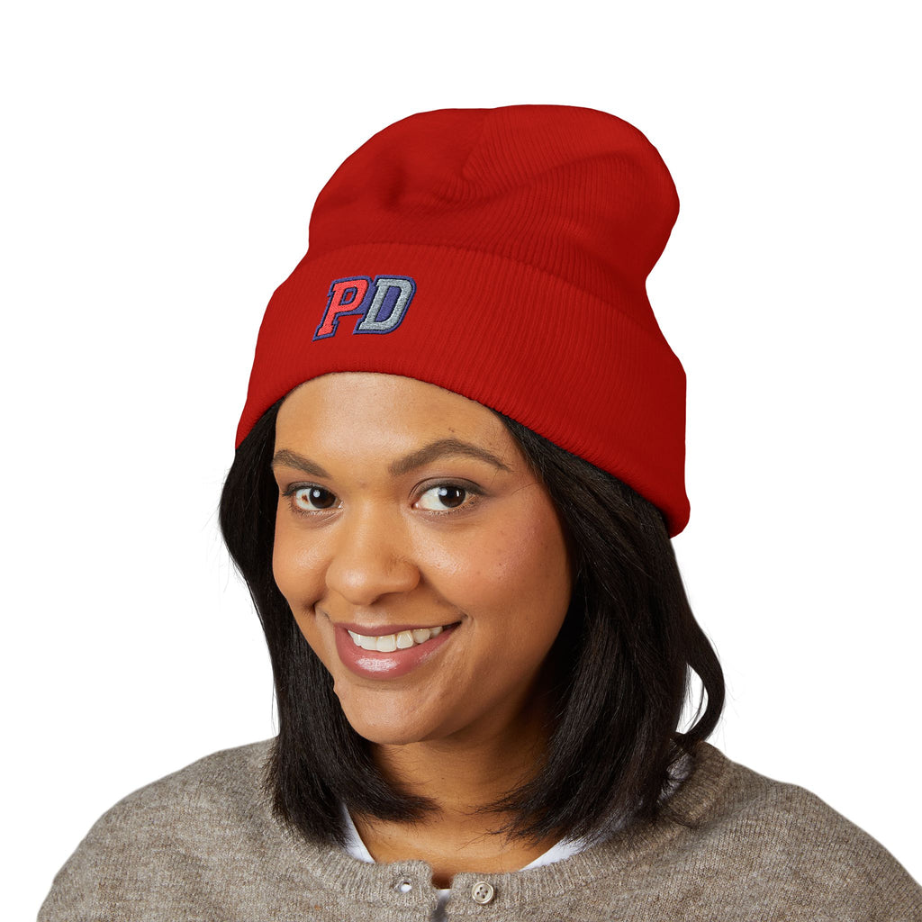 PD Embroidered Cuffed Beanie — Classic Knit Winter Hat