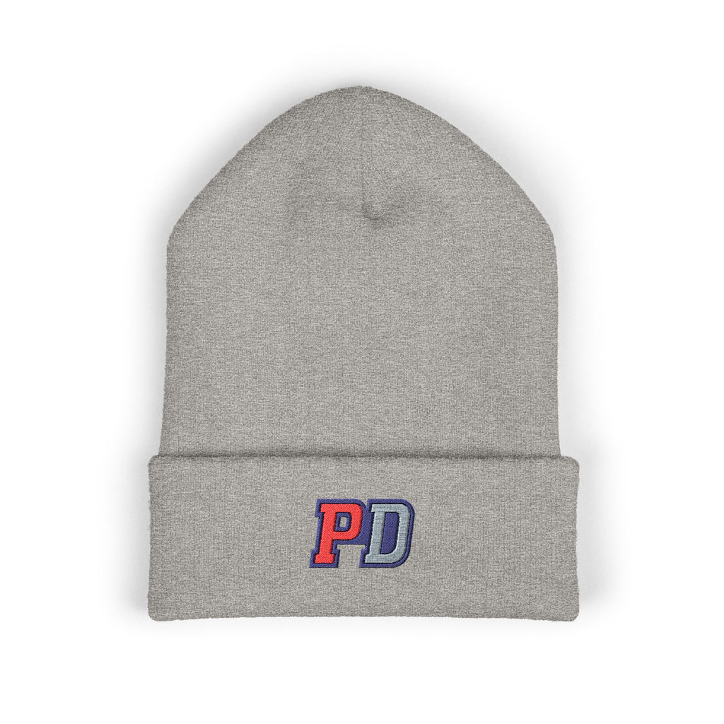 PD Embroidered Cuffed Beanie — Classic Knit Winter Hat
