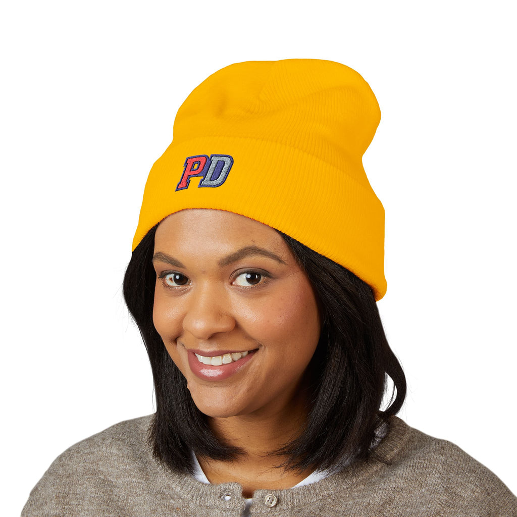 PD Embroidered Cuffed Beanie — Classic Knit Winter Hat