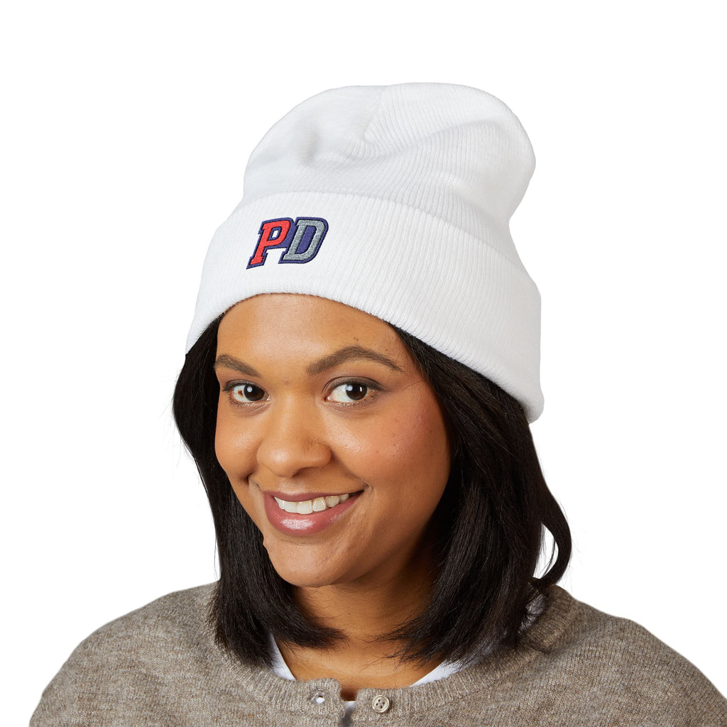 PD Embroidered Cuffed Beanie — Classic Knit Winter Hat