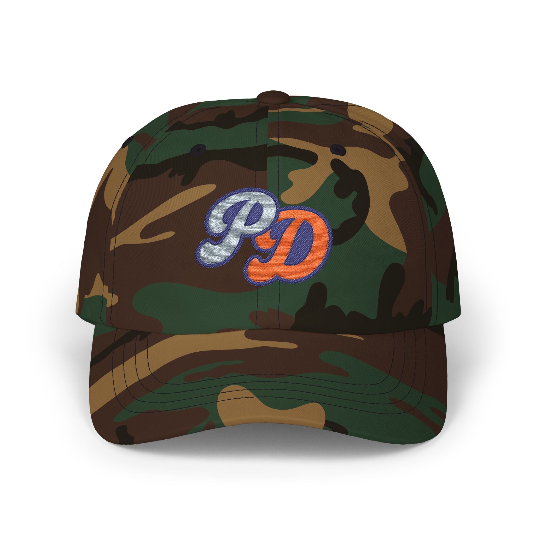 Embroidered PD Dad Cap — Vintage Script Patch Baseball Hat