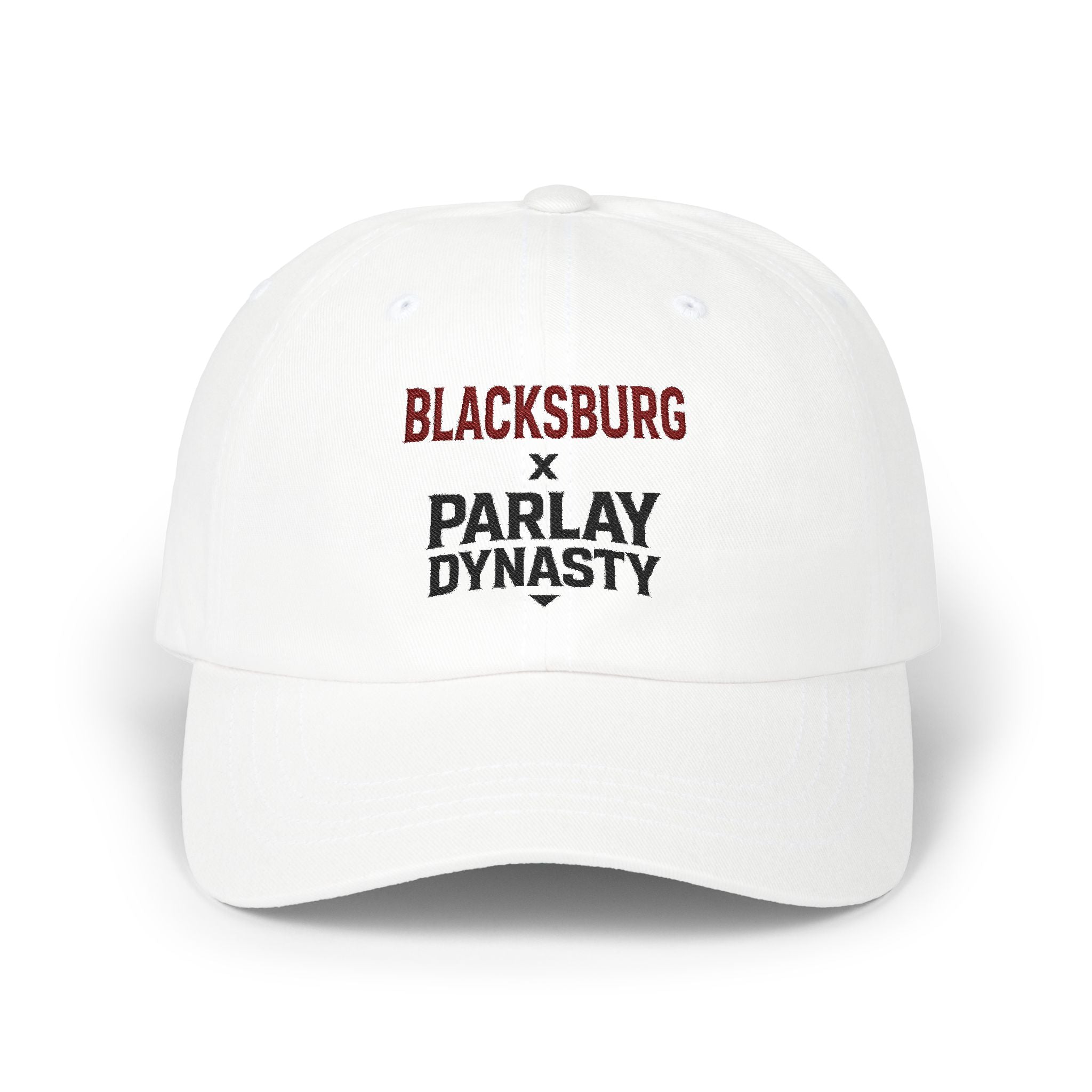 Blacksburg x Parlay Dynasty Dad Cap — Embroidered White Baseball Hat