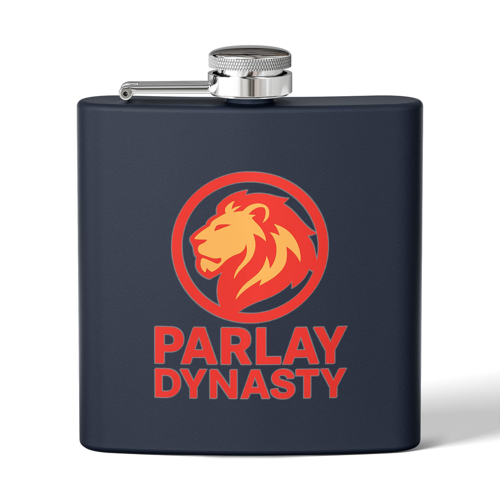 Parlay Dynasty 6oz Stainless Steel Flask — Lion Logo Pocket Flask for Sports Fans & Tailgates