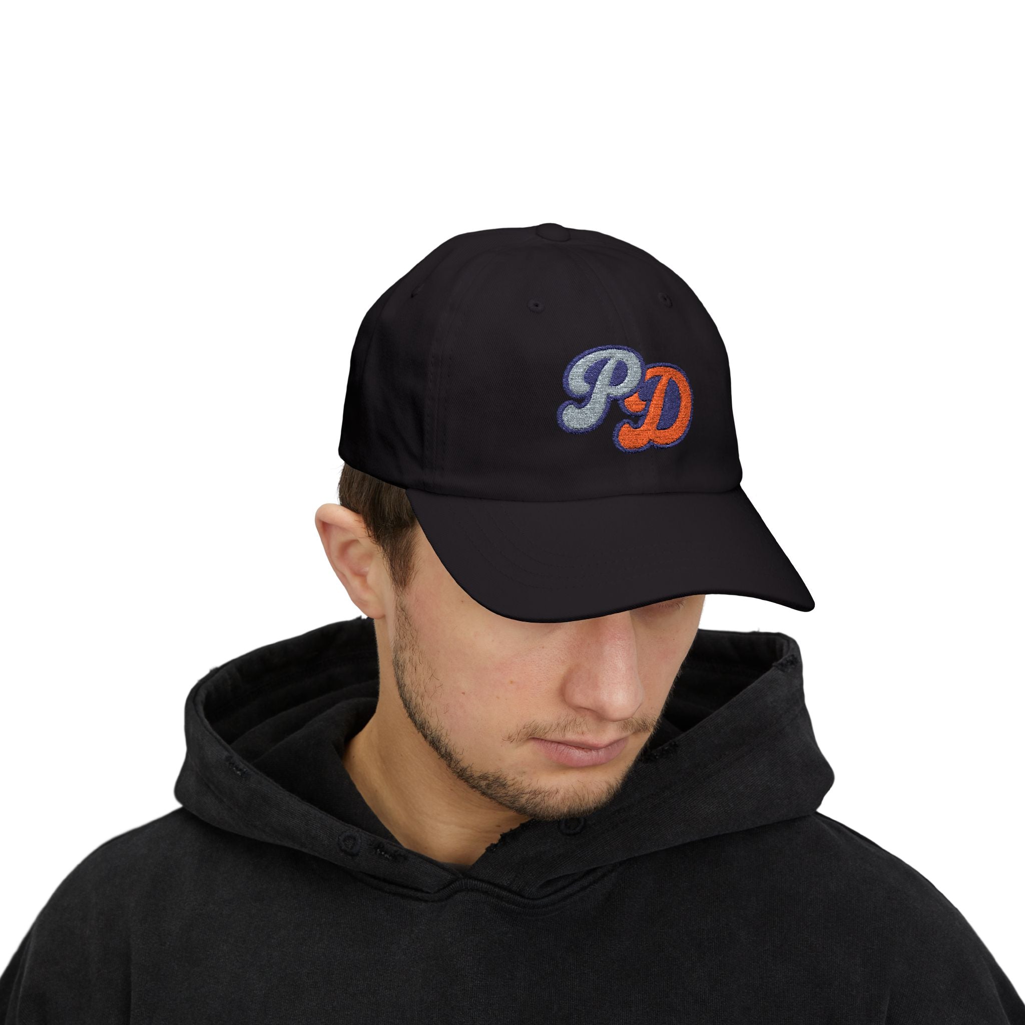 Embroidered PD Dad Cap — Vintage Script Patch Baseball Hat