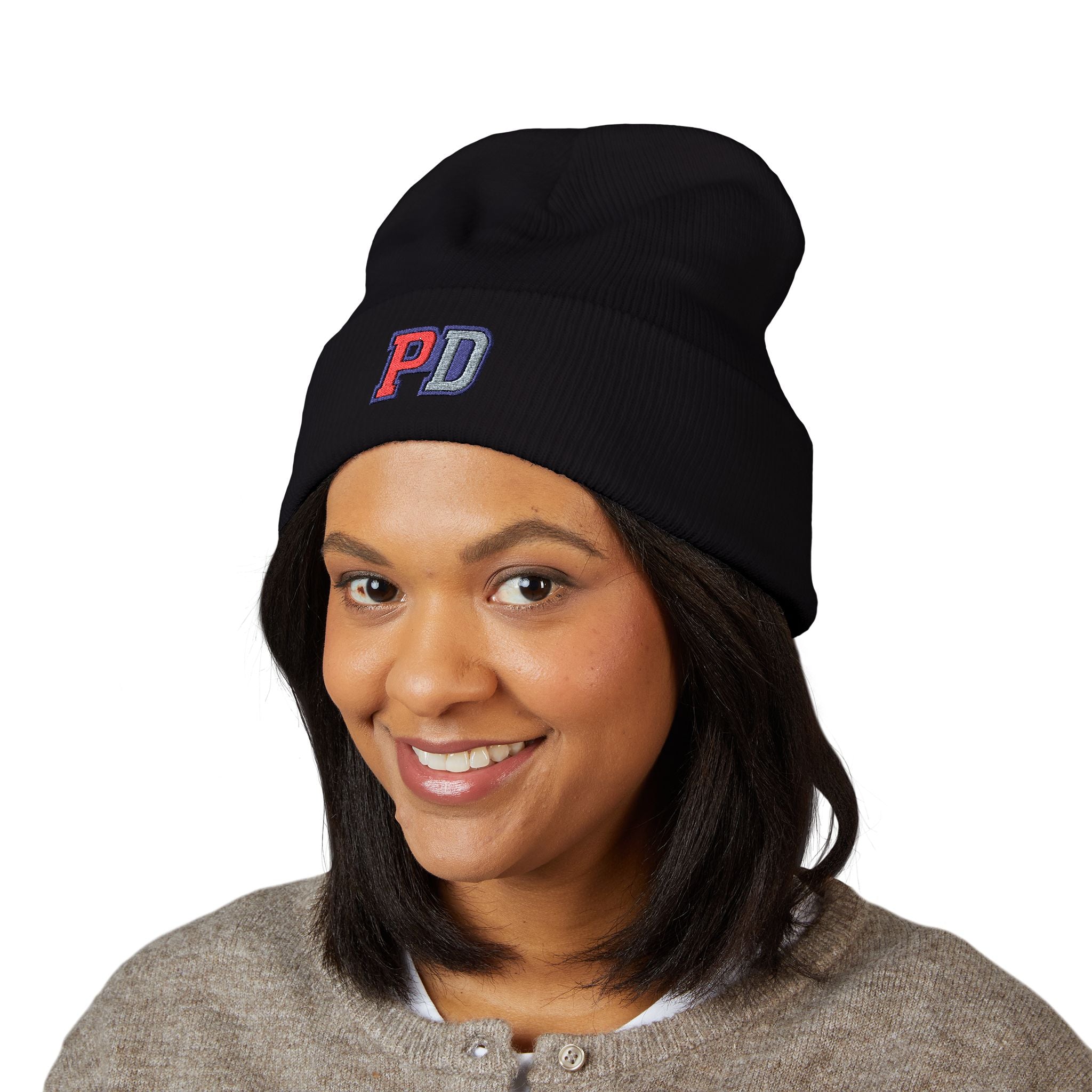 PD Embroidered Cuffed Beanie — Classic Knit Winter Hat