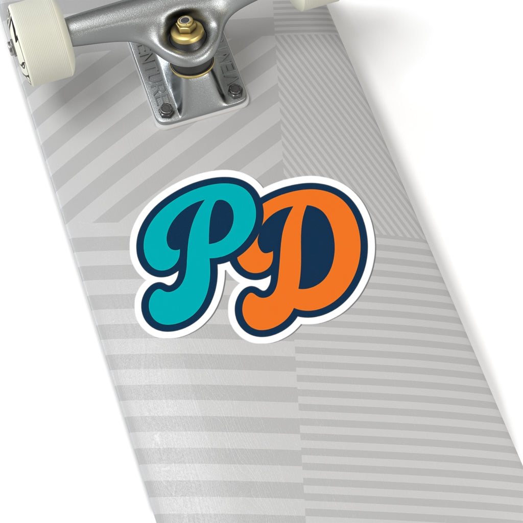 PD Monogram Kiss-Cut Sticker — Retro Teal & Orange Laptop Decal