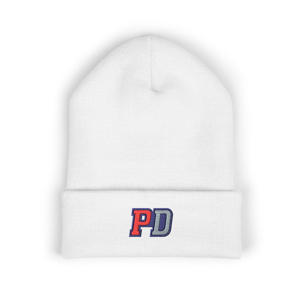 PD Embroidered Cuffed Beanie — Classic Knit Winter Hat