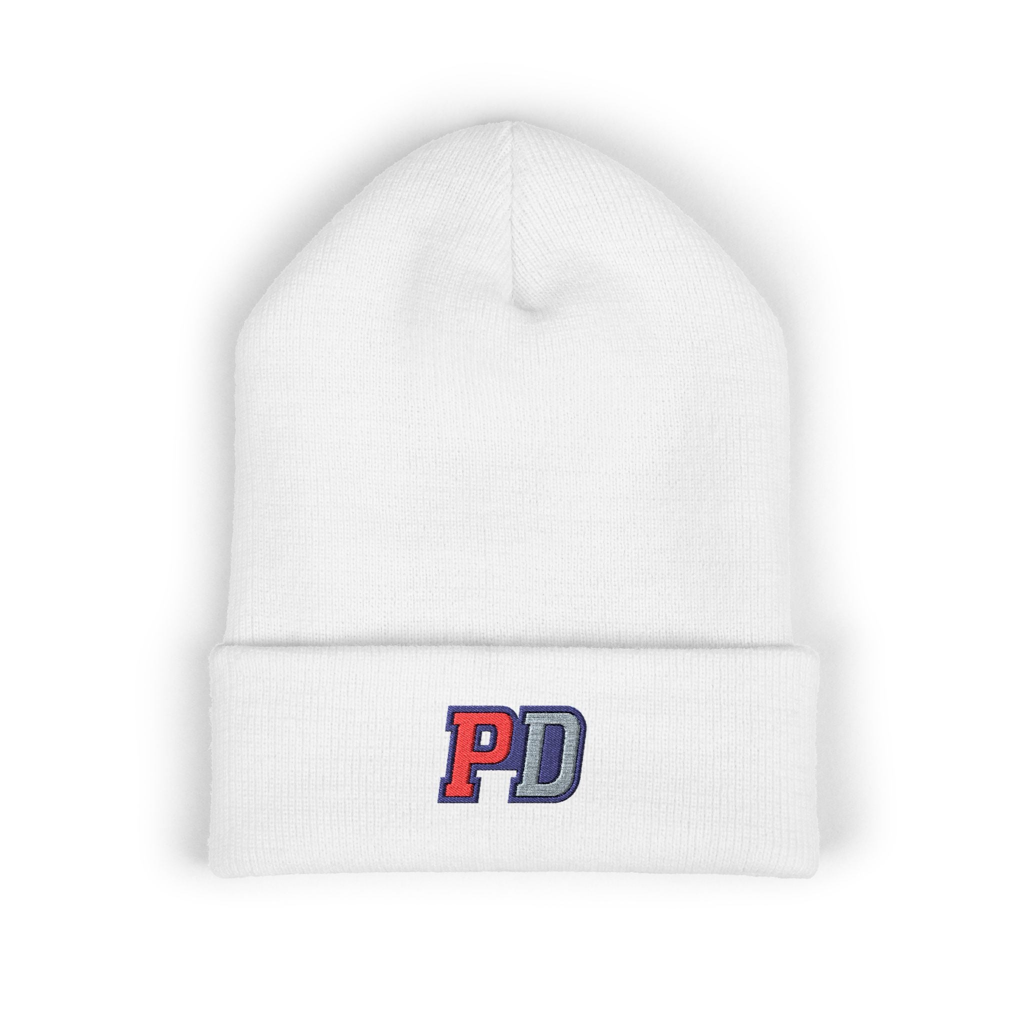 PD Embroidered Cuffed Beanie — Classic Knit Winter Hat