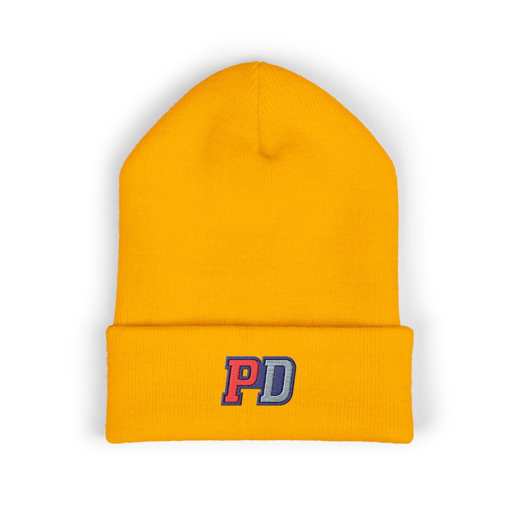 PD Embroidered Cuffed Beanie — Classic Knit Winter Hat