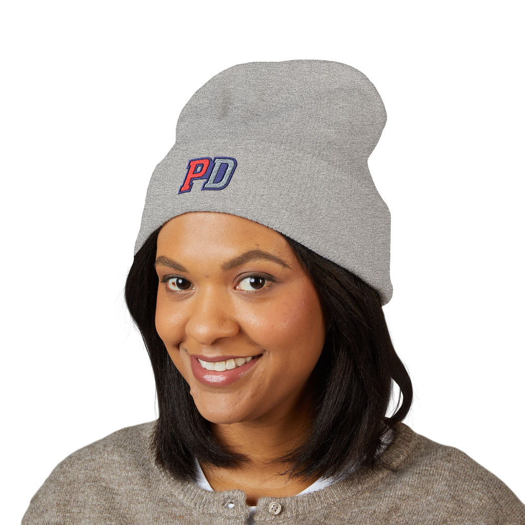 PD Embroidered Cuffed Beanie — Classic Knit Winter Hat