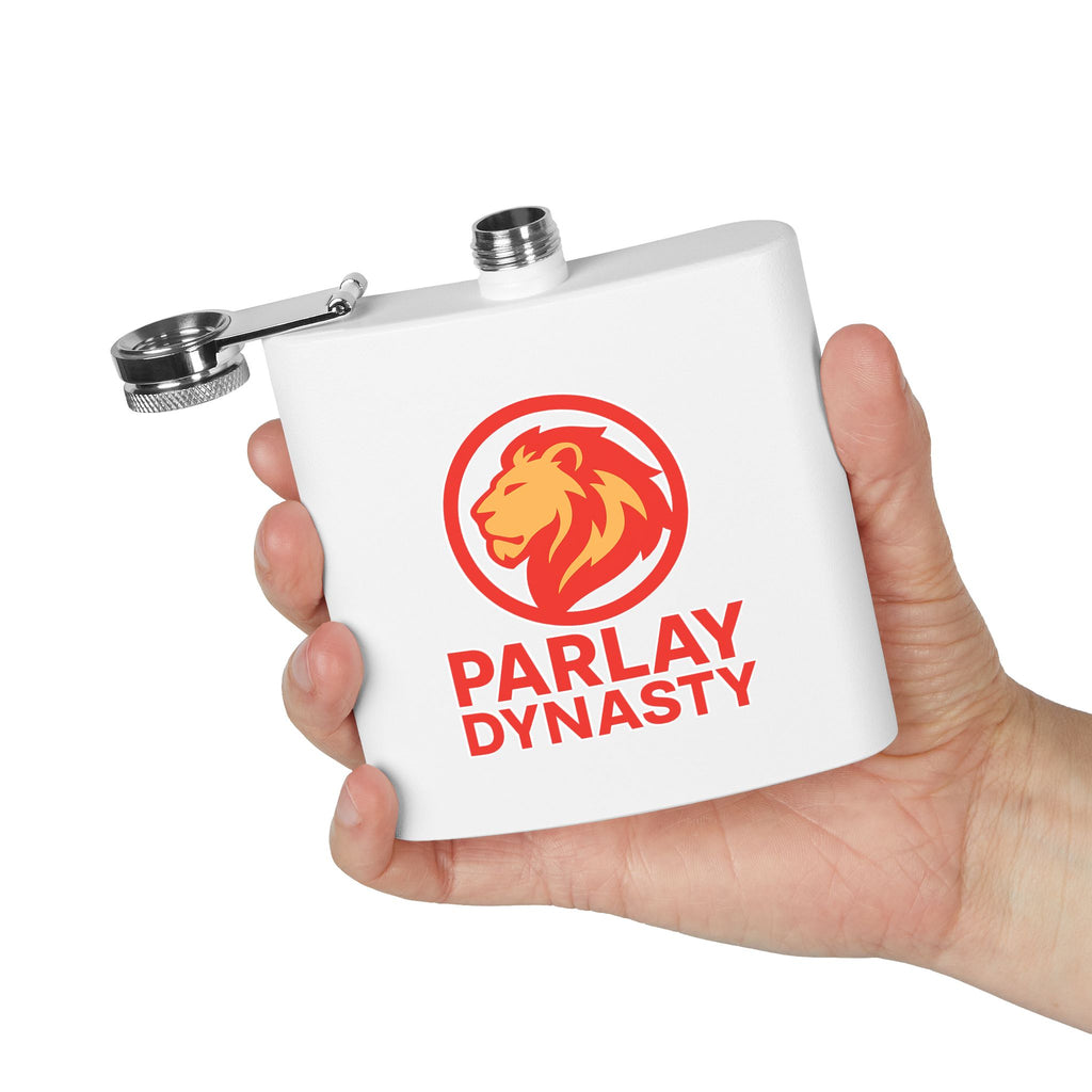 Parlay Dynasty 6oz Stainless Steel Flask — Lion Logo Pocket Flask for Sports Fans & Tailgates