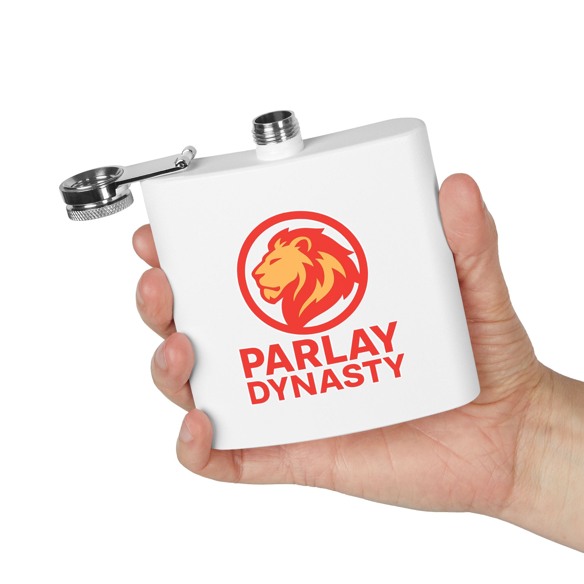 Parlay Dynasty 6oz Stainless Steel Flask — Lion Logo Pocket Flask for Sports Fans & Tailgates