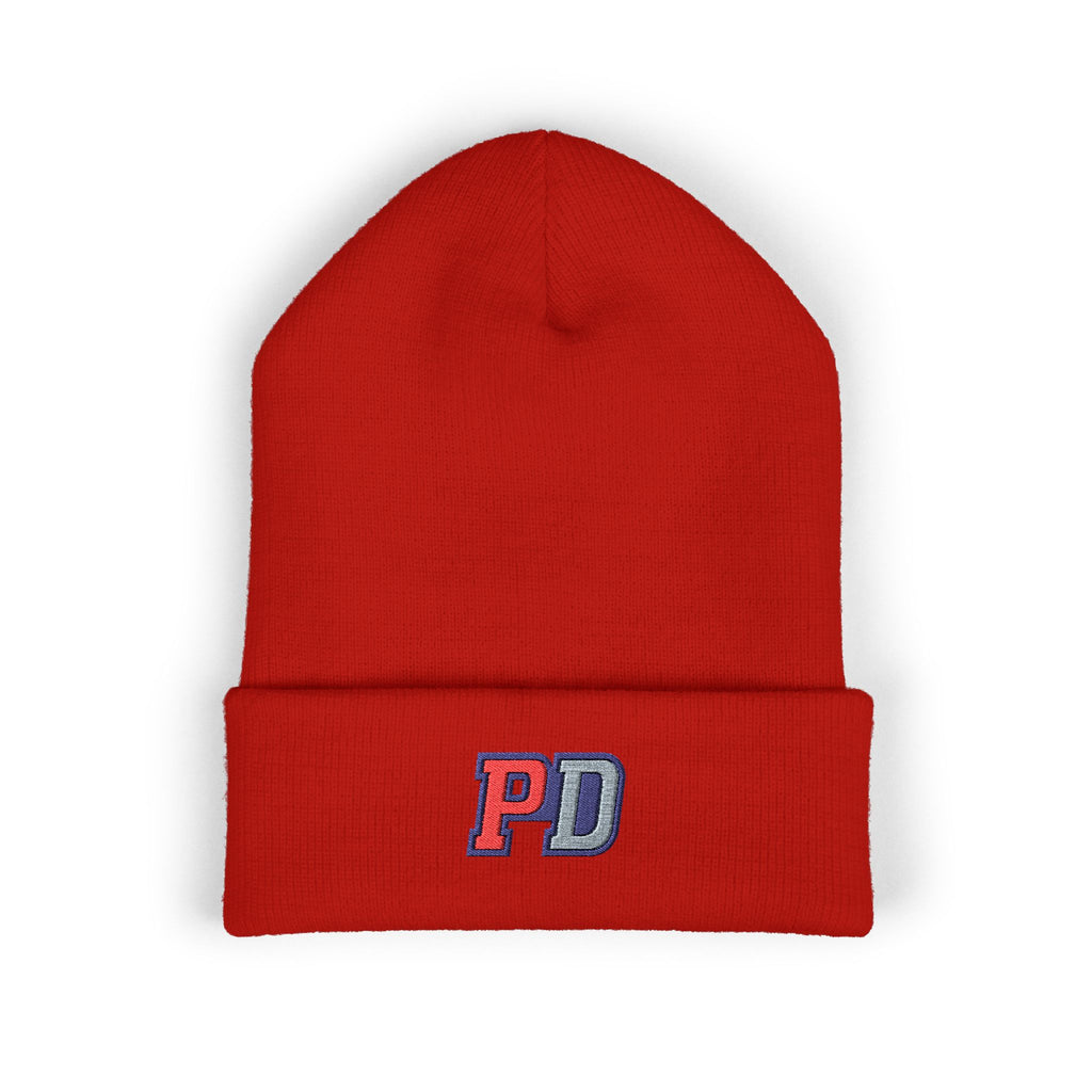 PD Embroidered Cuffed Beanie — Classic Knit Winter Hat