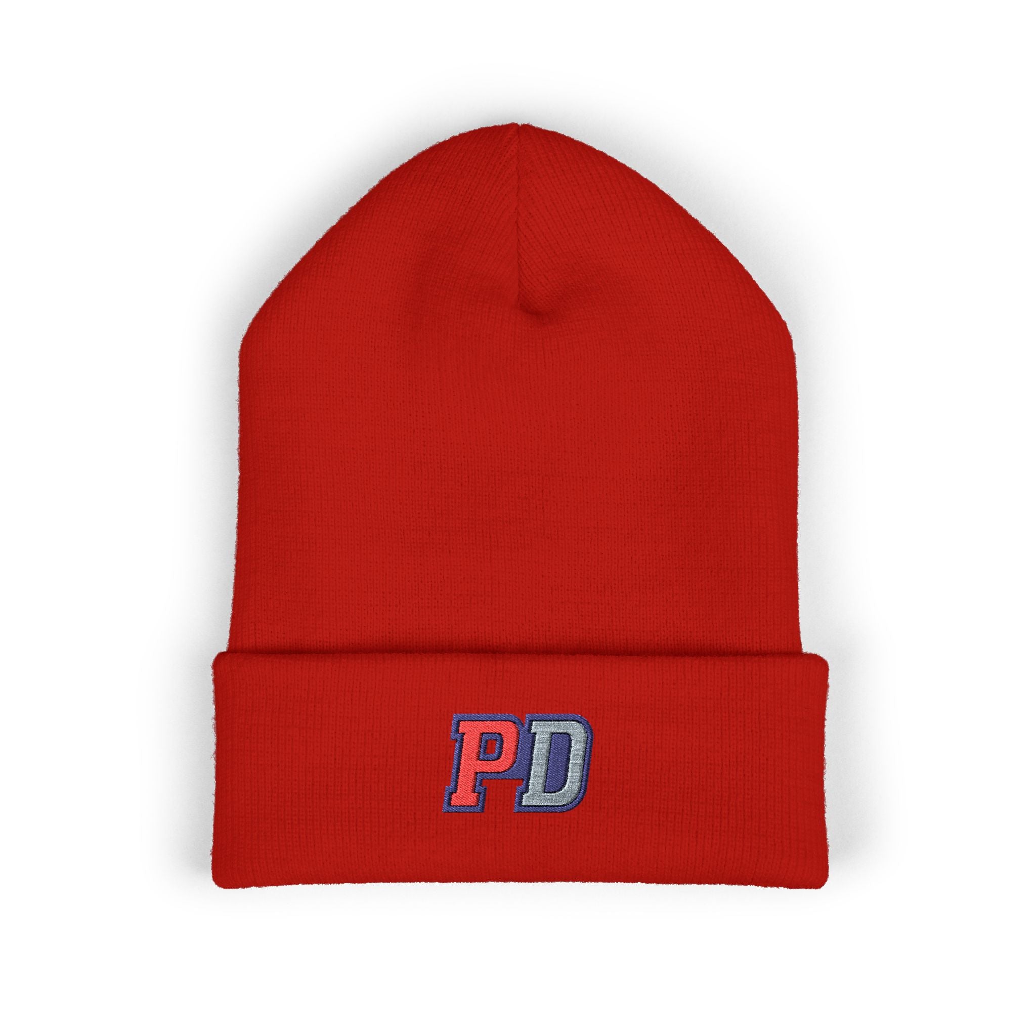 PD Embroidered Cuffed Beanie — Classic Knit Winter Hat