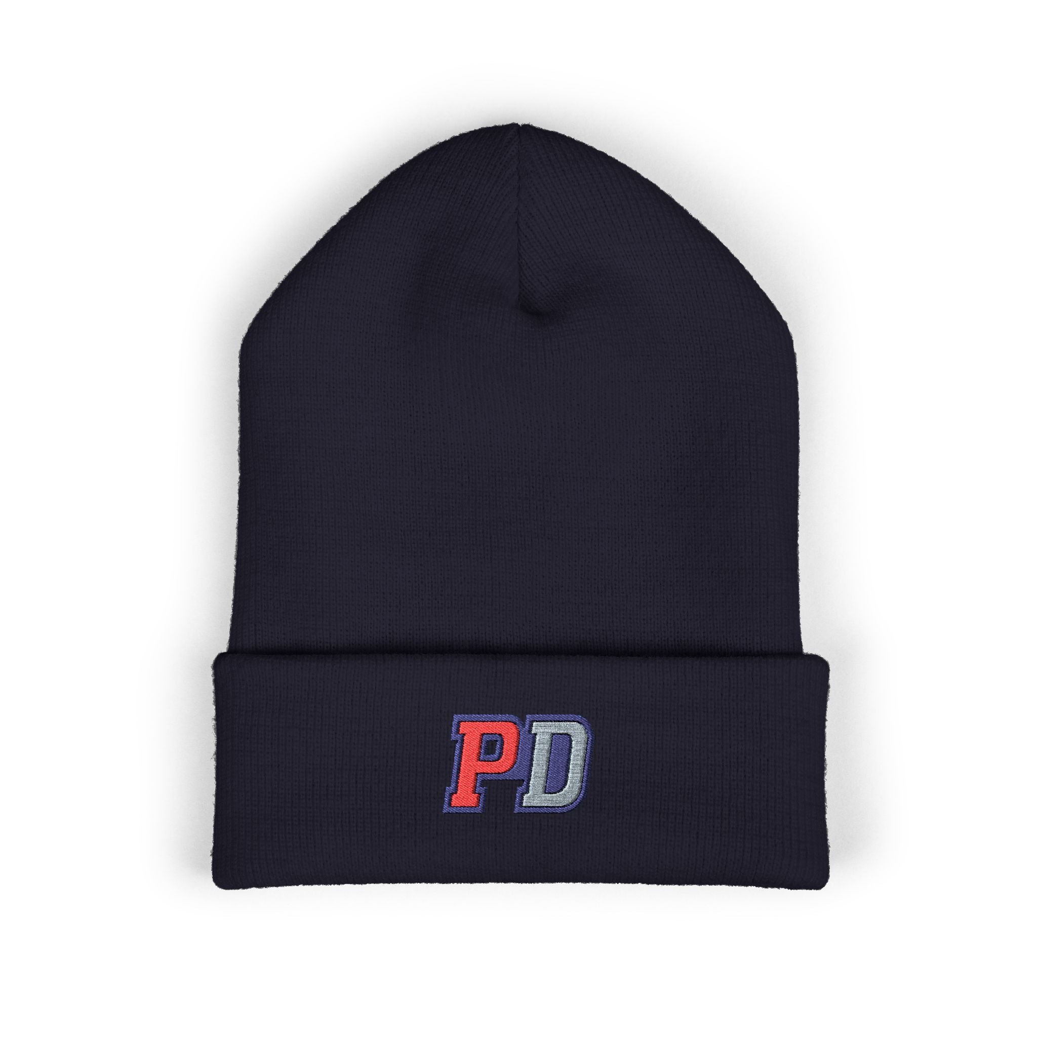 PD Embroidered Cuffed Beanie — Classic Knit Winter Hat
