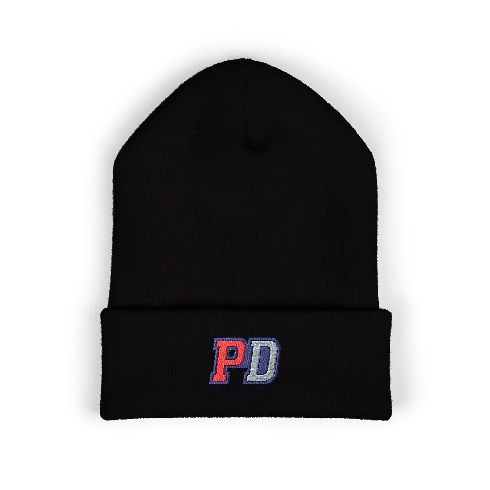 PD Embroidered Cuffed Beanie — Classic Knit Winter Hat