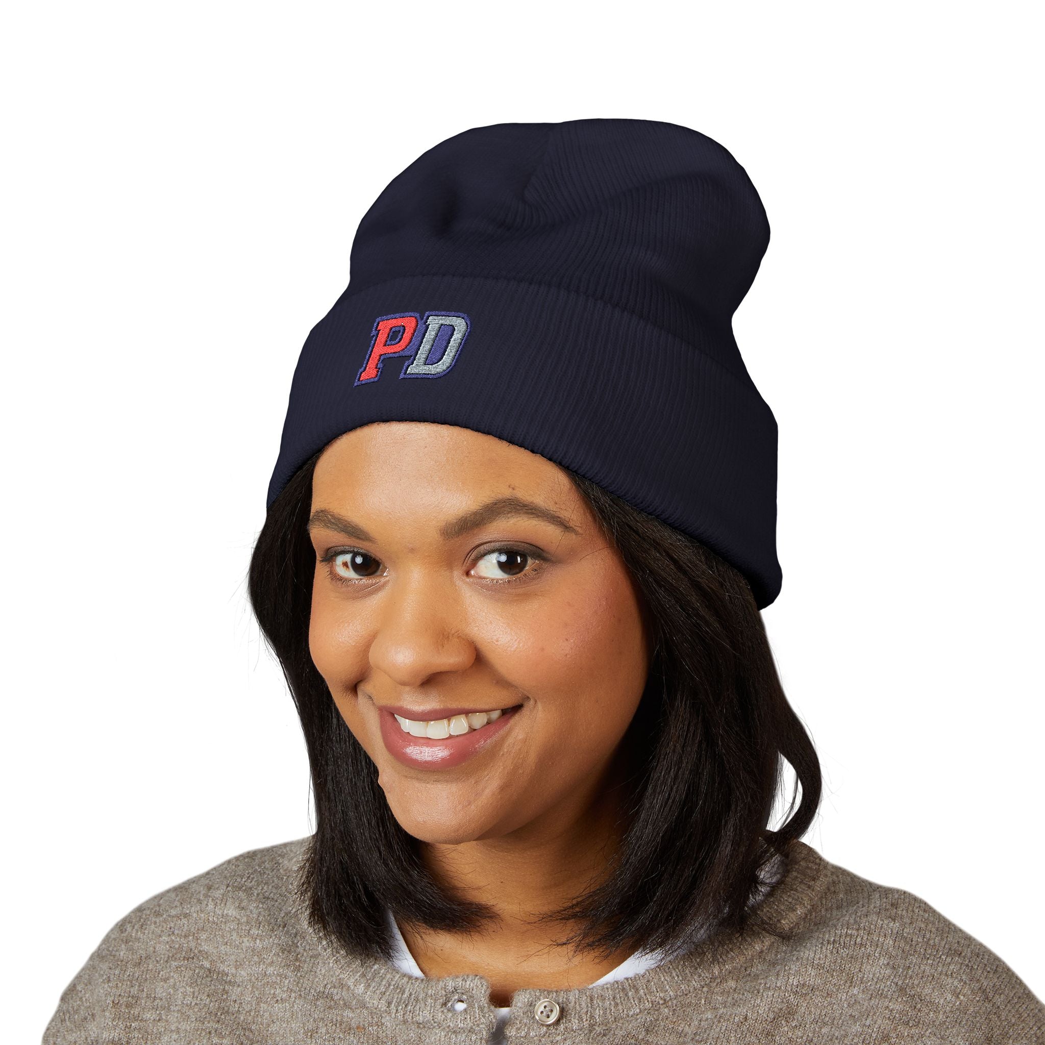 PD Embroidered Cuffed Beanie — Classic Knit Winter Hat