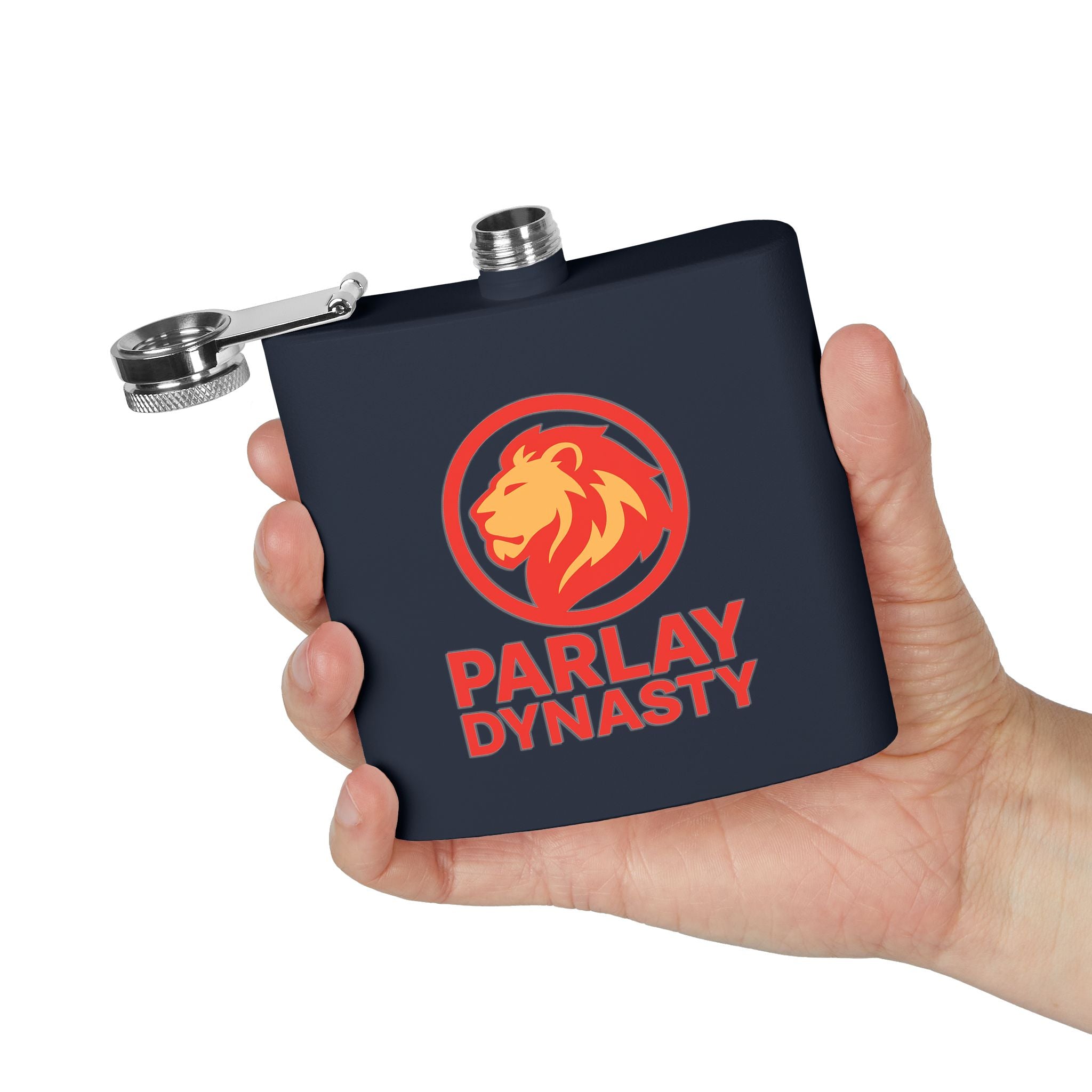Parlay Dynasty 6oz Stainless Steel Flask — Lion Logo Pocket Flask for Sports Fans & Tailgates