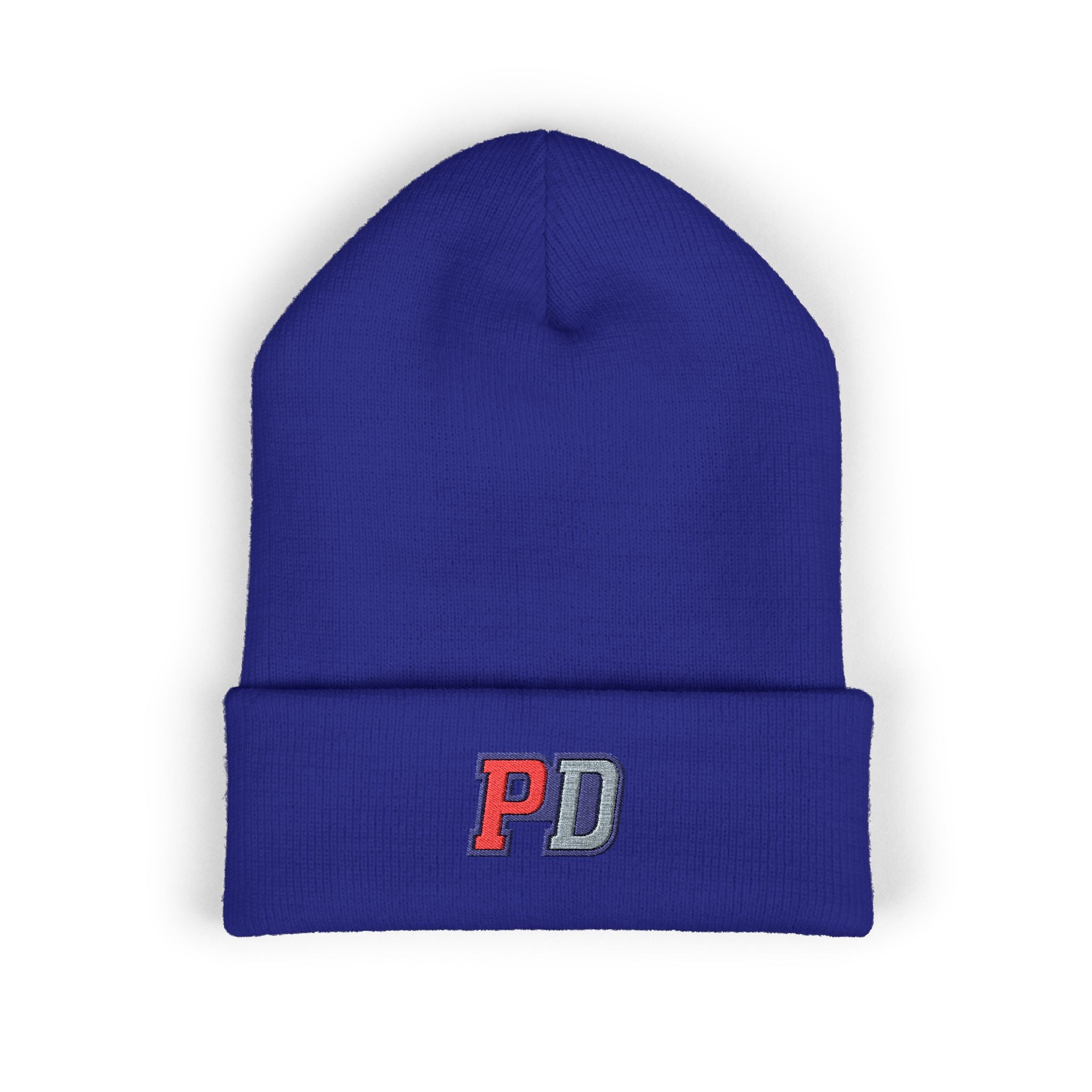 PD Embroidered Cuffed Beanie — Classic Knit Winter Hat