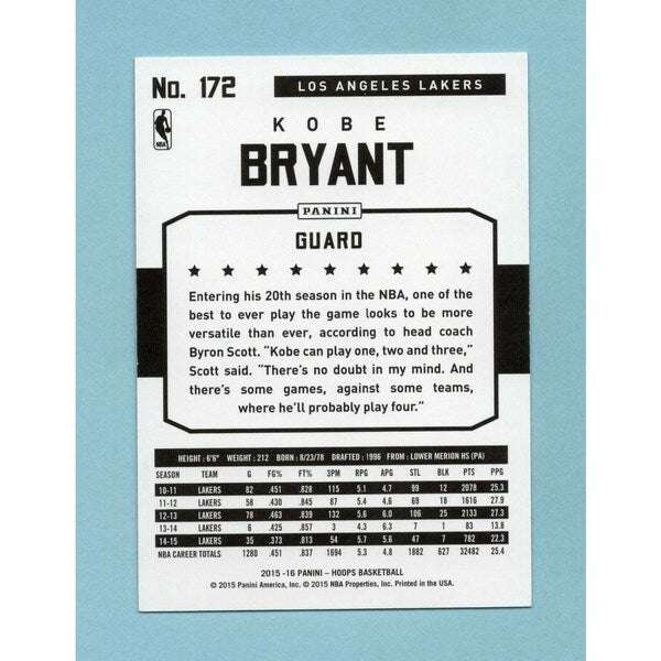 2015-16 Panini NBA Hoops Kobe Bryant #172 — Lakers Legend