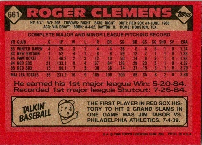 1986 Topps Roger Clemens #661 – Boston Red Sox